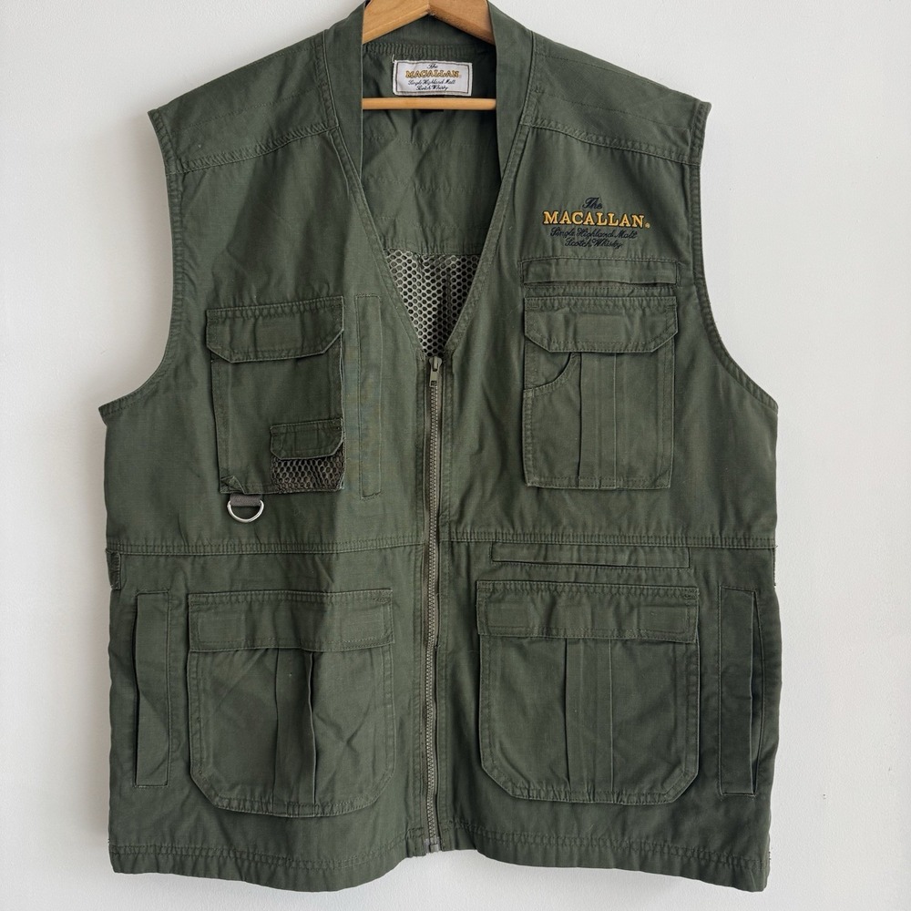 Macallan Whiskey Fishing Vest Mens L Green Photography Outdoor Hike Pockets